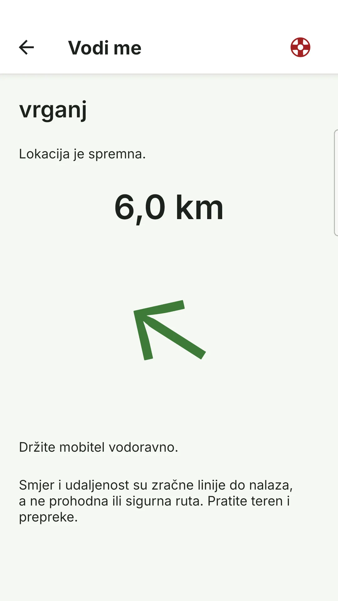 Zaslon Vodi me sa strelicom smjera i udaljenošću do spremljenog nalaza