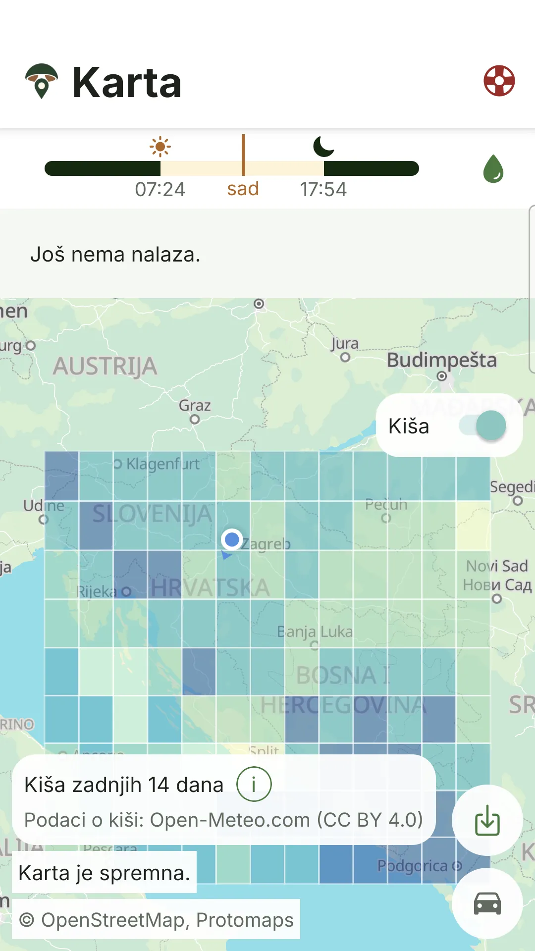 Zaslon Klobuk aplikacije s kartom kiše po Hrvatskoj