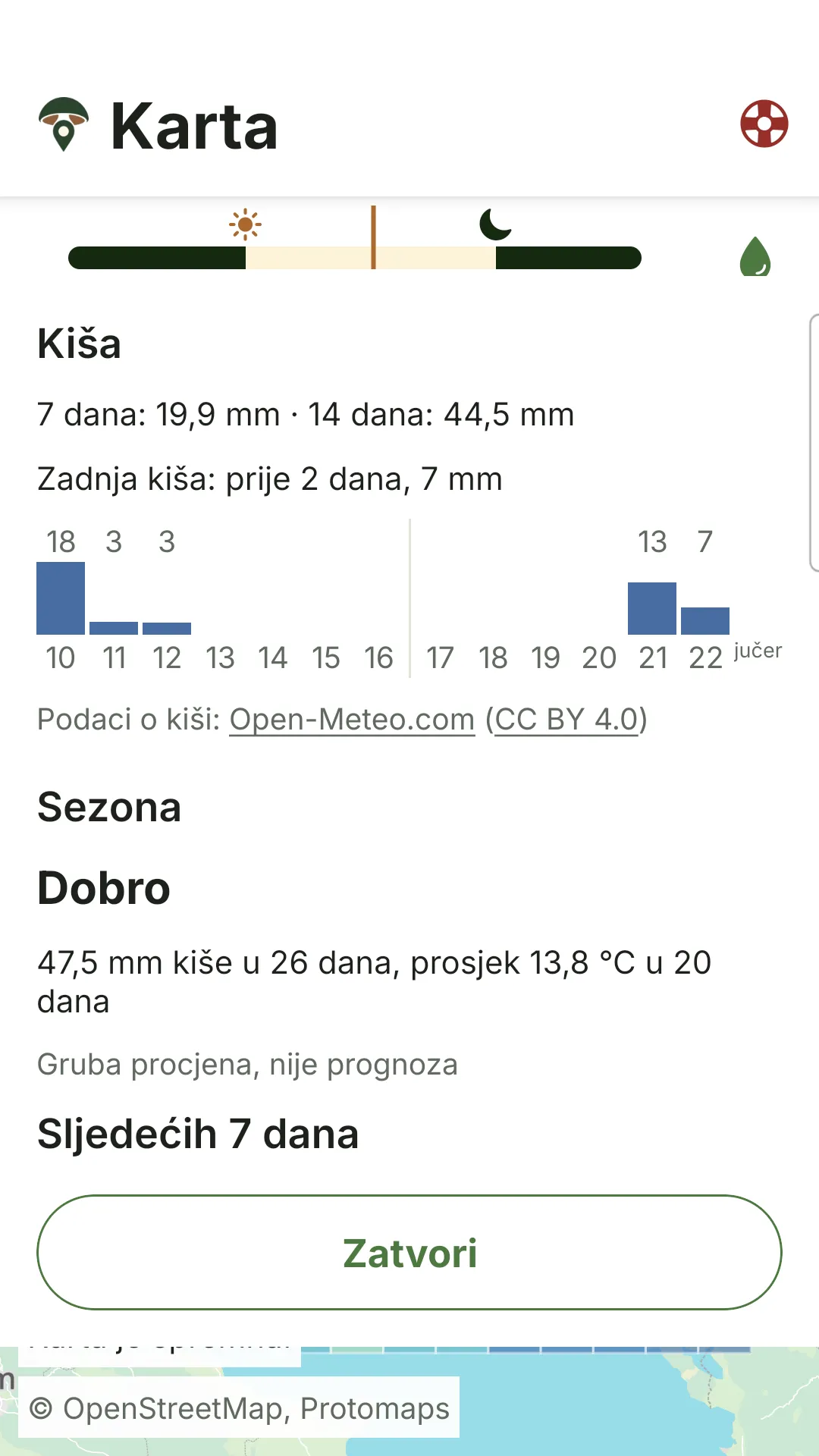 Kiša uz nalaz i ocjena sezone na zaslonu aplikacije