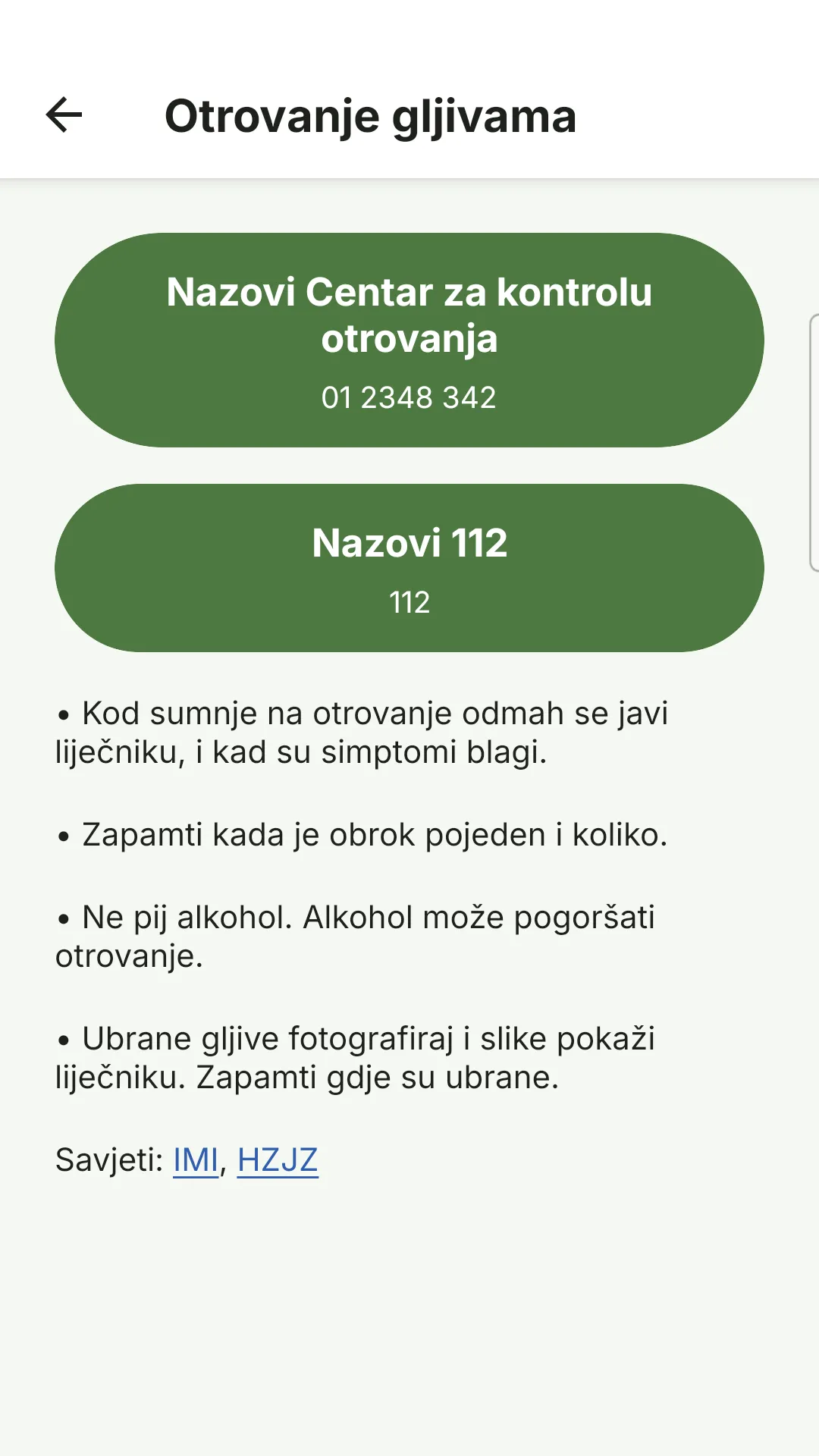 Zaslon Klobuk aplikacije s pozivom na 112 i Centar za kontrolu otrovanja